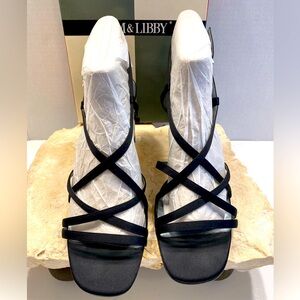 Sam & Libby Freida Black Satin Strappy Block High Heels Sz 10 M